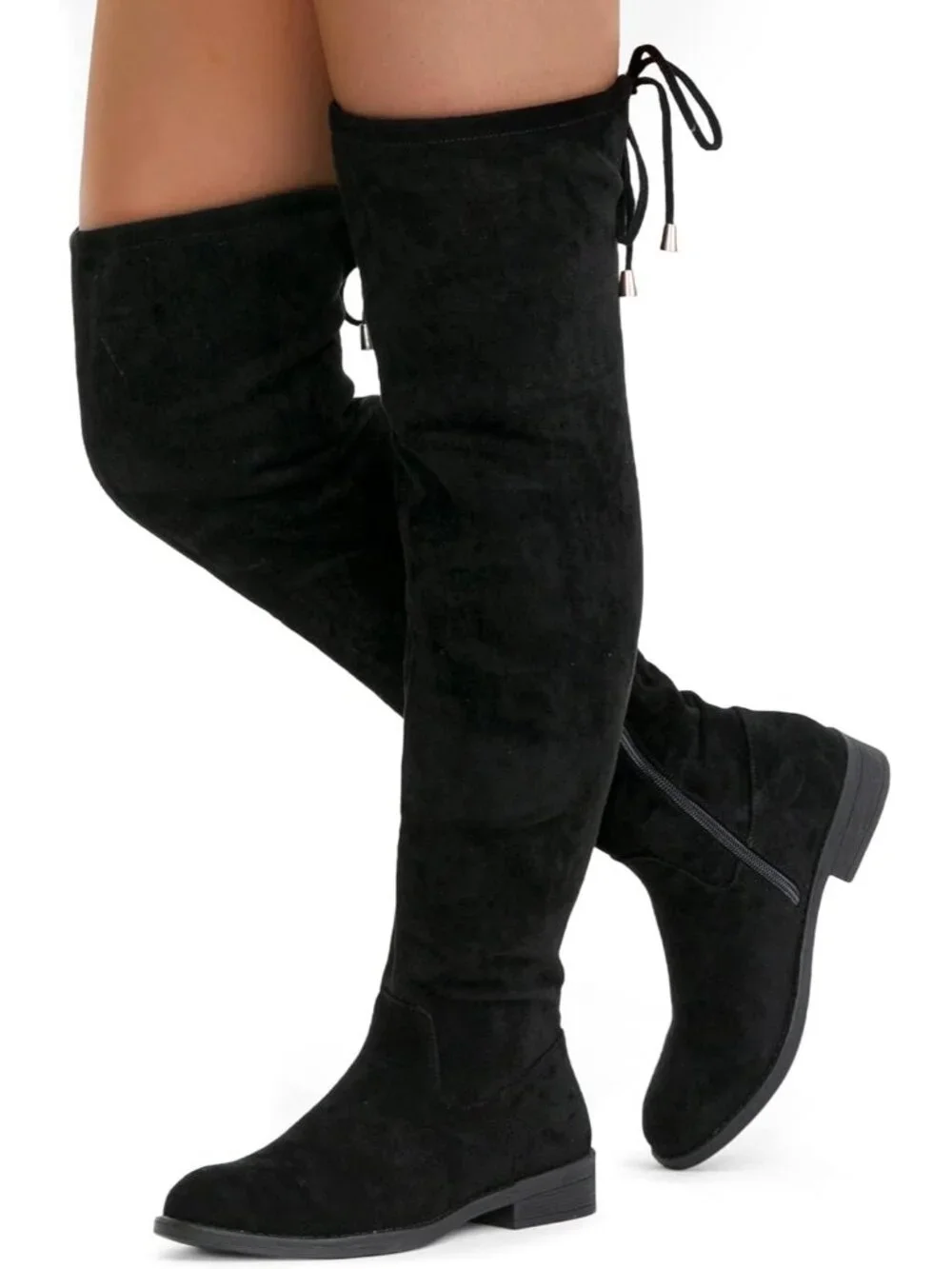Women's Black Synthetic Suede Side Zipper Flat Heel Stretch Over The Knee Boots